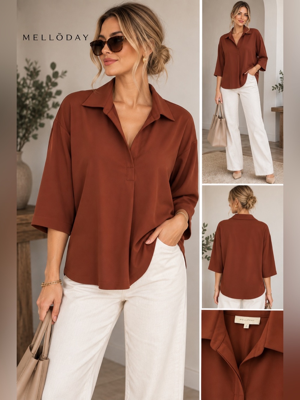 Melloday Open V-Neck Collared Blouse Rust Brown Size S